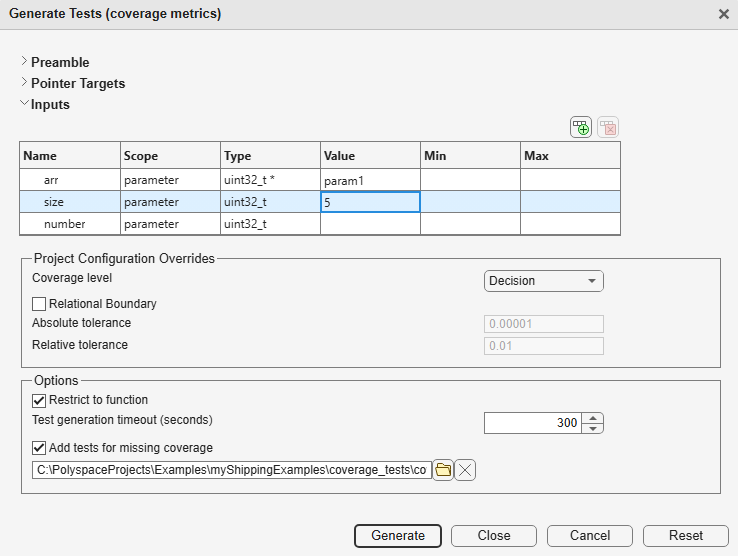 Inputs section of Generate Tests (coverage metrics) dialog box showing all function inputs.