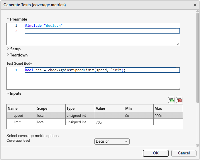 Generate Tests window with Preamble, Test Script Body and Inputs section filled.