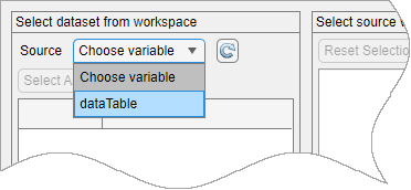 The Source Choose variable list shows one entry, "dataTable".
