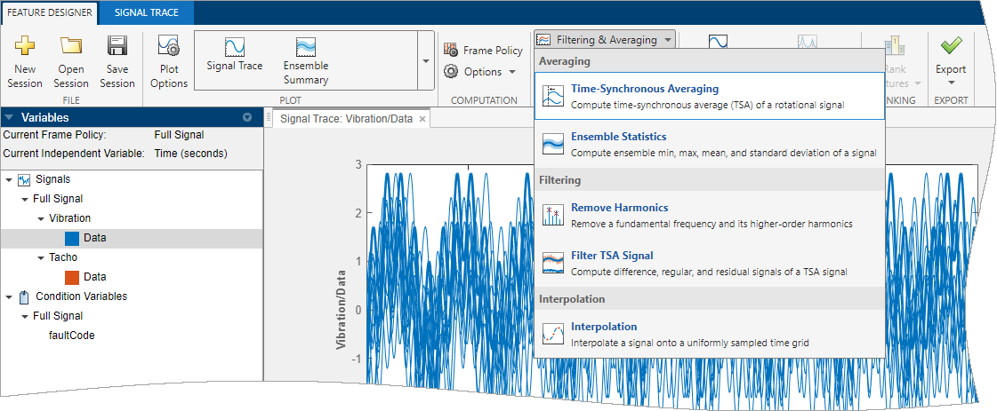 The signal Vibration/Data is selected in the column on the left. Time-Synchronous Averaging is the top option in the column on the right.