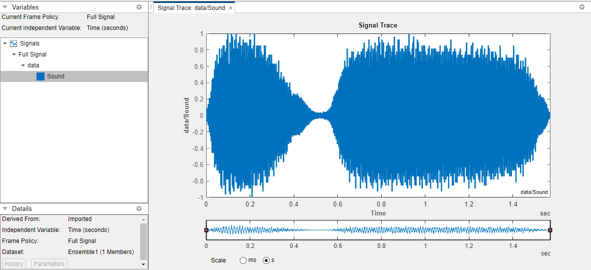 Signal trace in the app. The variable Sound is selected in the Variables pane on the left. The signal is plotted on the right.