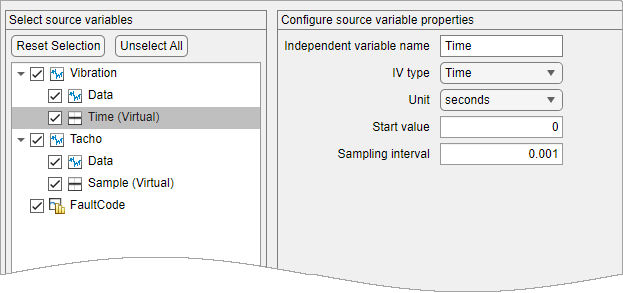 The source variables are on the left. The top signal is Vibration, which has Time (Virtual) as the second variable. The middle signal is Tacho, which has Sample (Virtual) as the second variable. The Configure source variable properties pane on the right shows, from top to bottom, the name as Time, the IV type as Time, the unit as seconds, and the sampling interval as 0.001