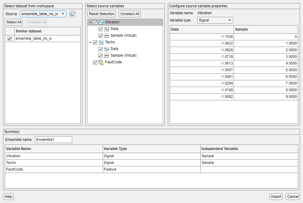 The name of the workspace variable is selected on the left. The source variables within that data set are listed vertically in the middle. A preview of the vibration data is on the right.