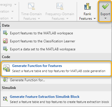 The Export button is the rightmost button on the top. The Generate Function for Features option is the top item in the middle section of the menu.