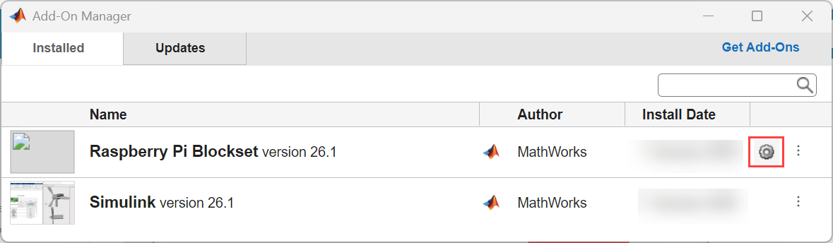 Raspberry Pi Blockset Add-On Manager