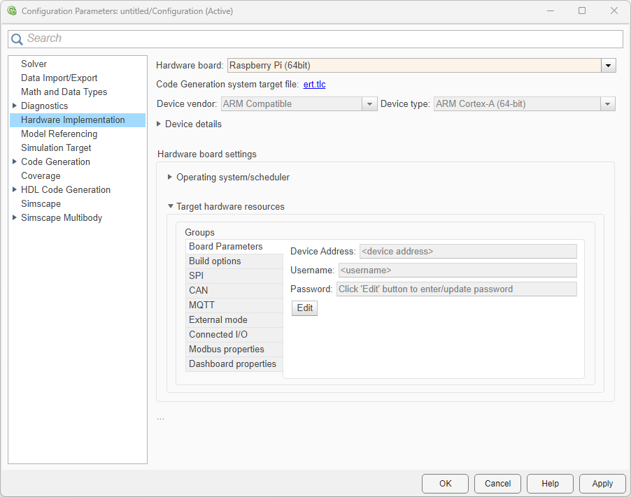 Configuration Parameters dialog box for Raspberry Pi hardware.