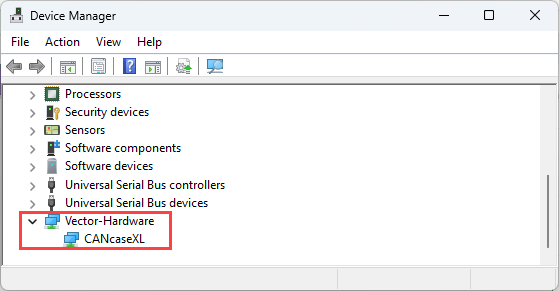Windows Device Manager showing a Vector-Hardware category expanded to display a CANcaseXL device detected without warning icons.