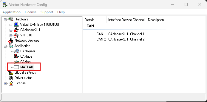 Vector Hardware Configuration tool with the MATLAB application selected and CAN channels assigned to a Vector CANcaseXL device.