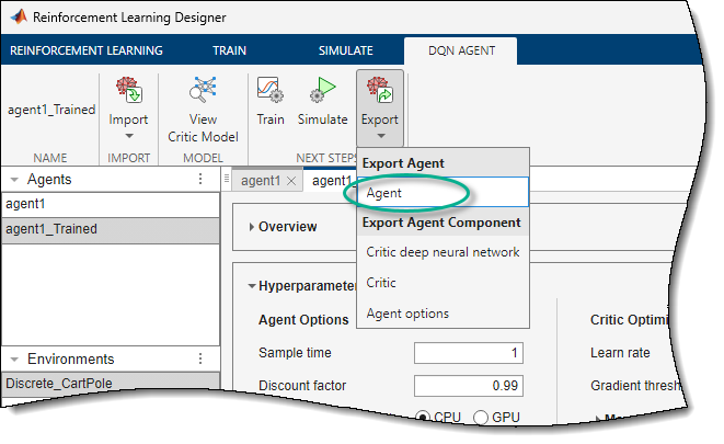 Reinforcement Learning Designer window showing how to export the trained agent