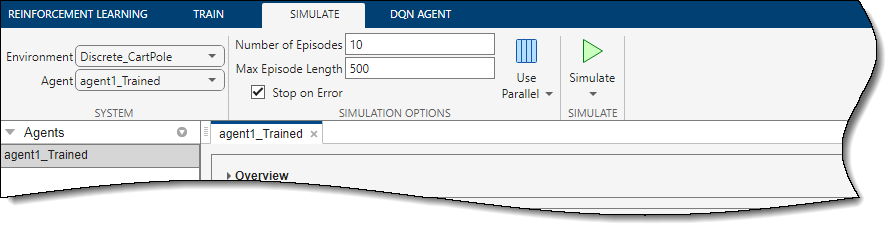 The Simulate tab, showing example simulation options.