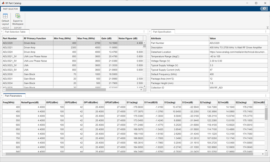RF Part Catalog with the Apply button and part ADL5240AMP selected