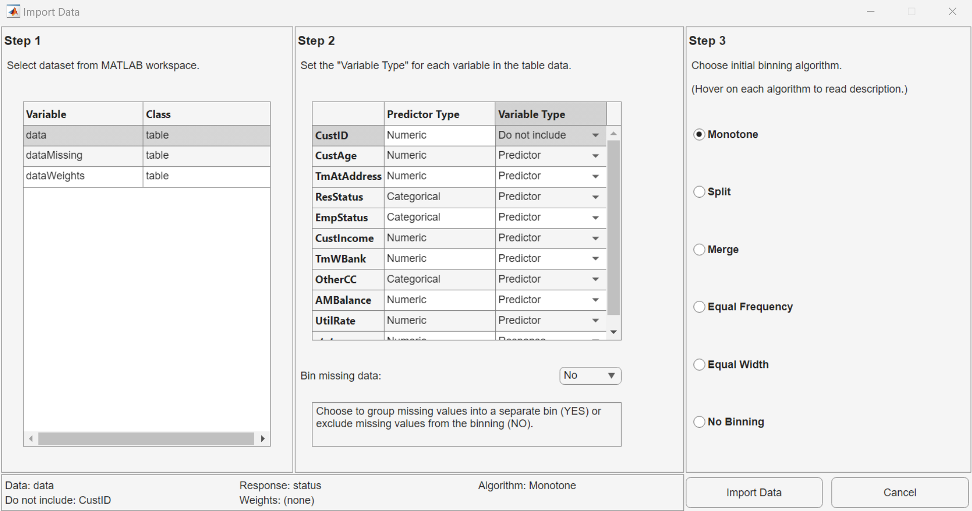 Import Data dialog box