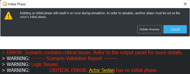 Warning message for deleting an initial phase with resulting errors in the Output pane.