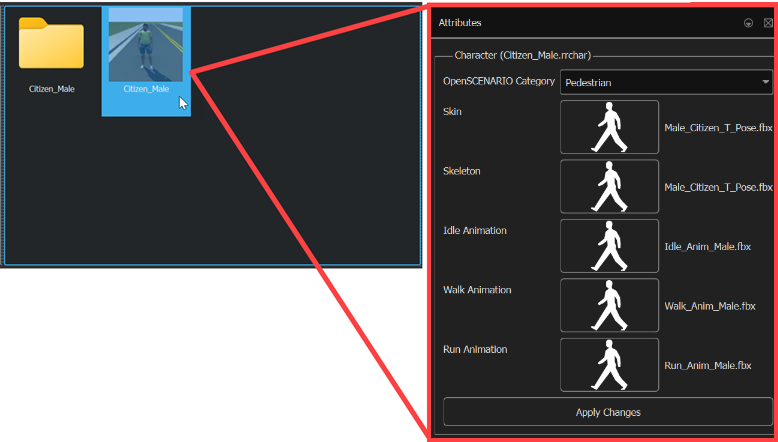 A pedestrian actor highlighted in the Library Browser and its accompanying attributes.