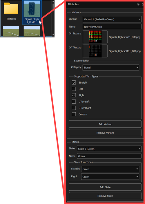 A traffic signal asset highlighted in the Library Browser and its accompanying attributes.
