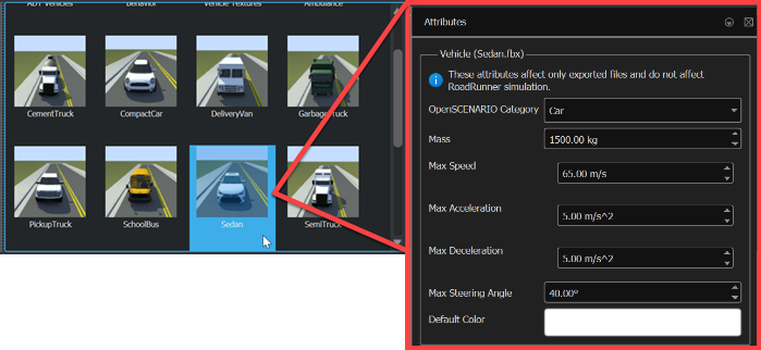 A vehicle actor highlighted in the Library Browser and its accompanying attributes.