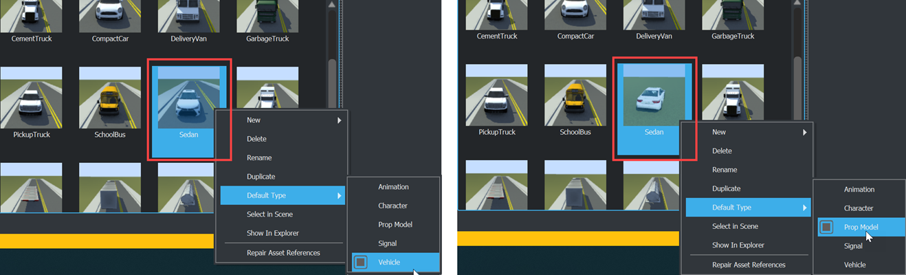 The right-click context menu of the Library Browser showing a sedan actor changing from Vehicle to Prop Model.