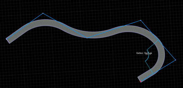 Curved road with control points connected by a blue line