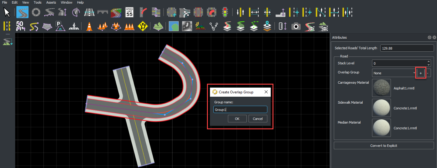 Create Overlap Group dialog box open to assign curved road to overlap group Group1