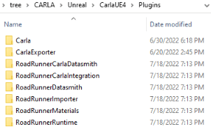 Plugins folder under CarlaUE4 project that contains the pasted RoadRunner folders