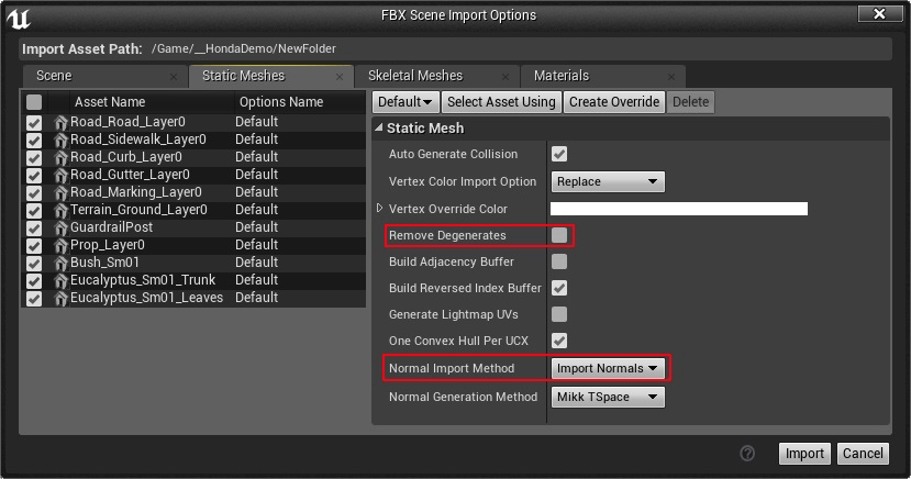 FBX Scene Import Options dialog box. On the Static Meshes tab, the Remove Degenerates and Normal Import Method options are selected.