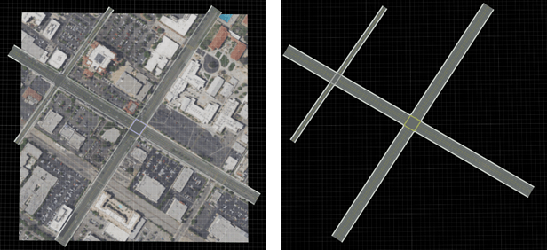 On the left, two simple intersections with GIS aerial imagery displayed below them. On the right, the same intersections without the GIS aerial imagery displayed.