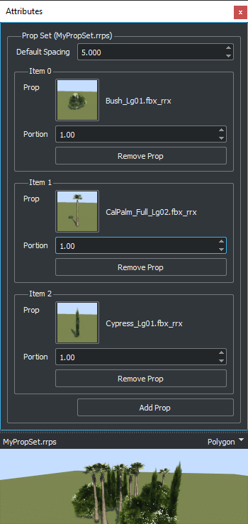 Attributes pane displaying a prop set containing a bush, palm tree, and cypress tree
