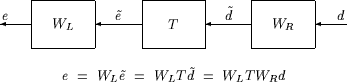 Interconnection of three systems, WL, T, and WR. From right to left, d is the input to WR. The output of WR is d-tilde, which is the input to T. The output of T is e-tilde, which is the input to WL. The output of WL is e.