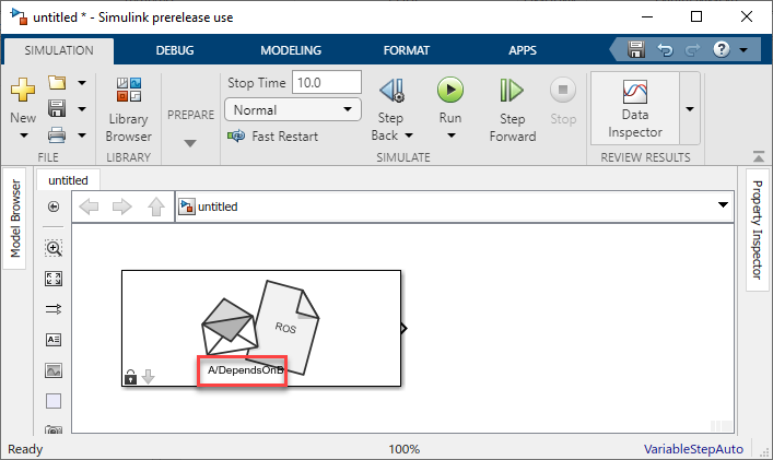 A Blank Message block in a Simulink model configured to create a blank message of custom message type.