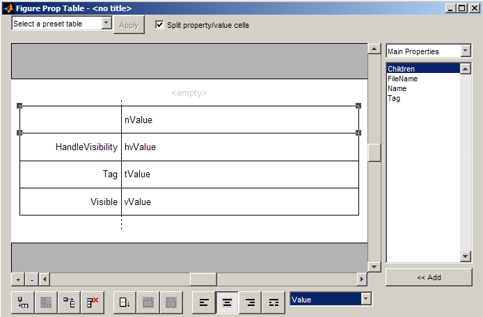 Properties pane for Handle Graphics Property Table component with Children selected in the list of Main Properties and Value selected in the drop-down at the bottom of the window