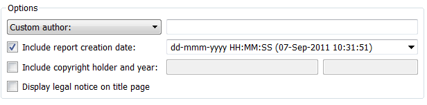 Properties pane displaying the Custom author options with Include Report creation date selected