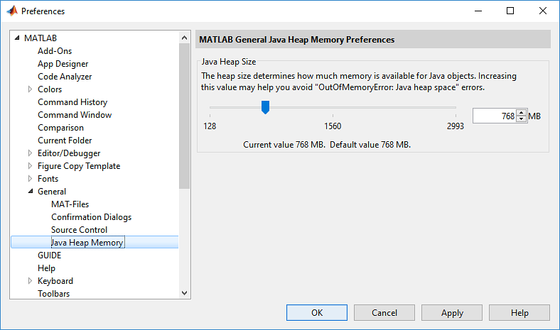 The Java Heap size slider is positioned at 768 MB.