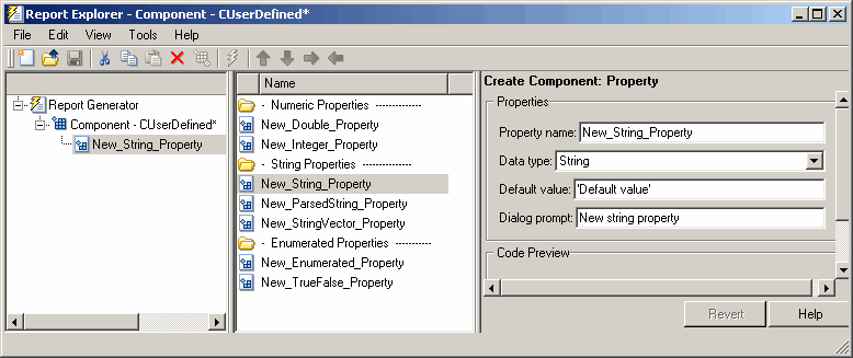 Report Explorer with New_String_Property selected in the Outline pane on the left, and New_String_Property selected in the Options pane in the middle, with the corresponding properties listed in the Properties pane on the right