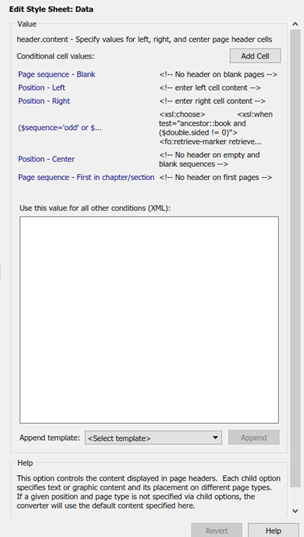 Properties pane with current style sheet cell definitions