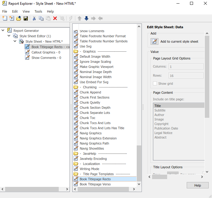 Report Explorer with Properties pane on the right showing Edit Style Sheet: Data