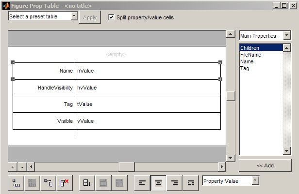 Properties pane for Handle Graphics Property Table component with the Split property/value cells box selected. Property names appear on the left of the table and property values appear on the right.