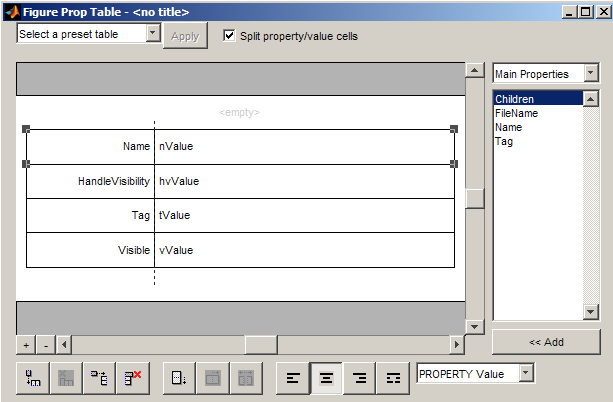 Properties pane for Handle Graphics Property Table component with the Split property/value cells box selected. Property names appear on the left of the table and property values appear on the right.