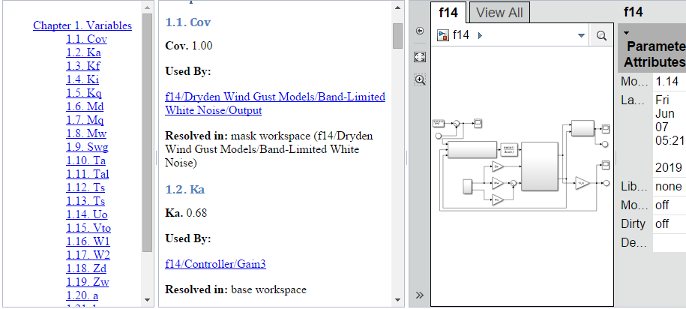 Example of an Embedded Web View report, with Table of Contents in the left pane, content view in the middle pane, and model diagram and Parameter Attributes in the right pane.