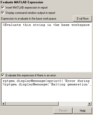 Properties pane displaying the options for the Evaluate MATLAB Expression component