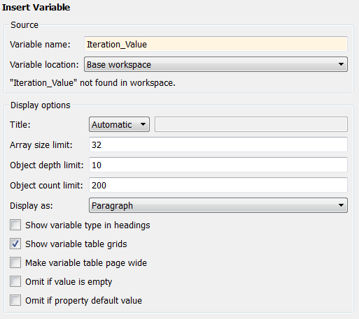 Properties pan for Insert Variable