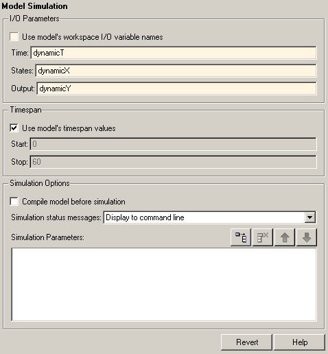 Properties pane for Model Simulation. The checkbox for Use model's timespan values is selected.