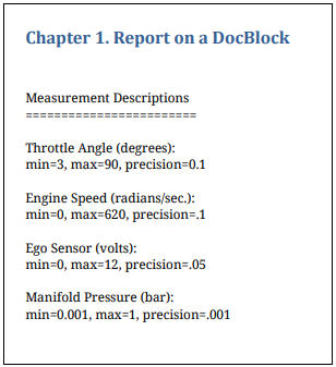 Report showing Chapter 1 "Report on a DocBlock", followed by information about properties of the Sensor Info Documentation block