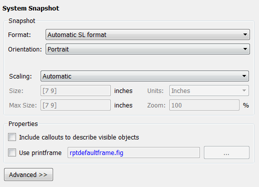 Properties pane for System Snapshot