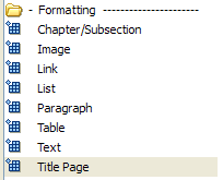 Library pane with Title Page selected beneath the Formatting category