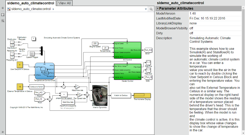 Web View of Simulink model, with diagram on the left and Parameter Attributes on the right