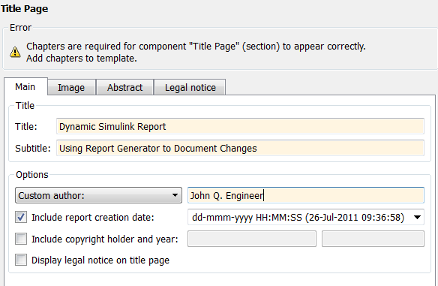 Properties pane for Title Page with title, subtitle, Custom author. The checkbox Include report creation date is selected.