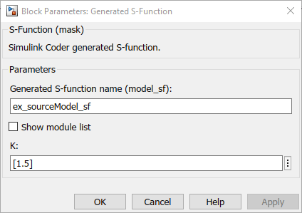 Block parameter dialog box for generated S-Function that shows parameter by variable value