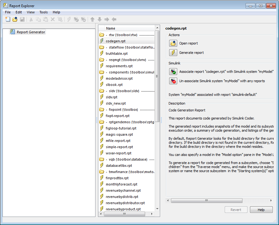 Report Explorer dialog box. The setup file codegen.rpt is selected in the center pane. The right pane shows a description of the file and action buttons to open the report or generate a report.