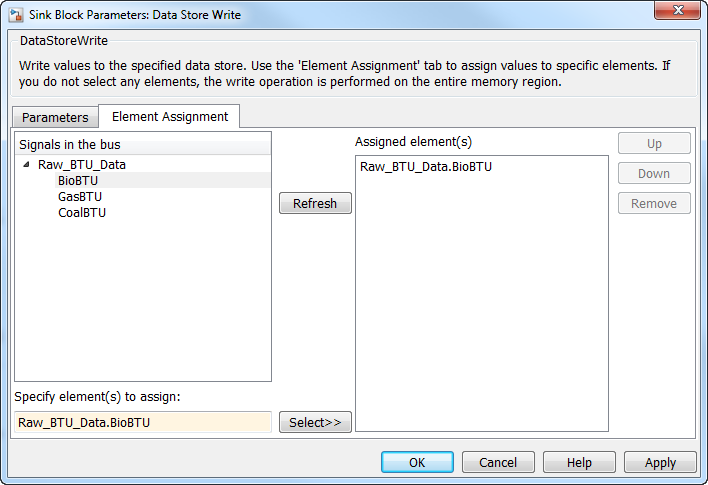 Sink Block Parameters dialog with the revised values.