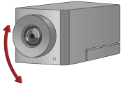 Camera with double-headed arrow, pointing up and down in front of lens